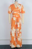 New Arrival Tropical Print Pleated Butterfly Sleeve Top With Lace-up Wide-leg Pants Set