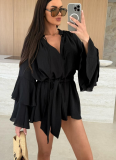 2025 Solid Color V-neck Irregular Lace Long Sleeve Loose Dress