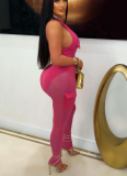 Sexy Deep V Neck Sleeveless Bodysuit Pocket Mesh Pants Workwear Style Two-Piece Set