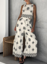 Fashion Women's Casual Printed Sleeveless Top Wide-leg Pants Suit
