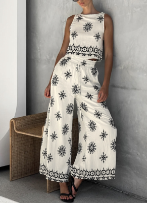 Fashion Women's Casual Printed Sleeveless Top Wide-leg Pants Suit