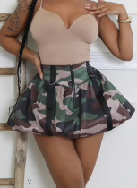 New Camouflage Elastic Waist Zipper Umbrella Pleated Puffy Skirt