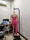 Sexy Deep V Neck Sleeveless Bodysuit Pocket Mesh Pants Workwear Style Two-Piece Set