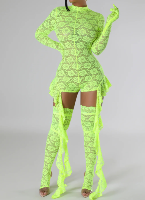 New Lace Jacquard Ruffled Jumpsuit With Leg Covers