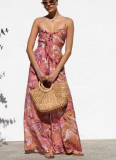 New Printed Lace-Up High-Waisted Suspender Wide-Leg Jumpsuit
