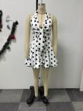 Elegant Polka Dot Print Tie-Strap Small Lapel Puffy Dress