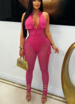 Sexy Deep V Neck Sleeveless Bodysuit Pocket Mesh Pants Workwear Style Two-Piece Set