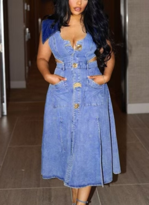 Sexy Hollow Sleeveless Pocket Slit Lapel Denim Slim Dress