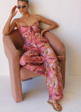 New Printed Lace-Up High-Waisted Suspender Wide-Leg Jumpsuit