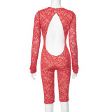 Women's Deep V-neck Large Backless Lace Hip-hugging Five-point Jumpsuit