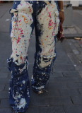 Tight-Waisted Stretch Off-Shoulder Workwear Drip-Dye Denim Jumpsuit