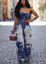 Tight-Waisted Stretch Off-Shoulder Workwear Drip-Dye Denim Jumpsuit