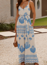 Positioning Print V-Neck Lace-Up Wide-Leg Straight Suspender Jumpsuit