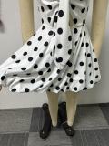 Elegant Polka Dot Print Tie-Strap Small Lapel Puffy Dress
