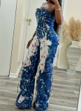 Tight-Waisted Stretch Off-Shoulder Workwear Drip-Dye Denim Jumpsuit