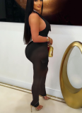 Sexy Deep V Neck Sleeveless Bodysuit Pocket Mesh Pants Workwear Style Two-Piece Set