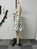 Elegant Polka Dot Print Tie-Strap Small Lapel Puffy Dress