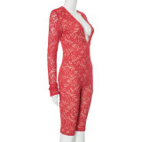 Women's Deep V-neck Large Backless Lace Hip-hugging Five-point Jumpsuit