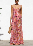 New Printed Lace-Up High-Waisted Suspender Wide-Leg Jumpsuit