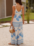 Positioning Print V-Neck Lace-Up Wide-Leg Straight Suspender Jumpsuit