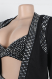 Black Elegant Rhinestone Jacket, Camisole, Rhinestone Shorts Three-Piece Suit