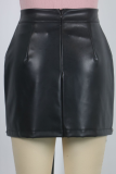 Black Nightclub Beaded Mini PU Leather Hip Slim Zipper Sexy Short Skirt