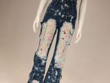 Tight-Waisted Stretch Off-Shoulder Workwear Drip-Dye Denim Jumpsuit