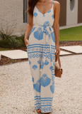 Positioning Print V-Neck Lace-Up Wide-Leg Straight Suspender Jumpsuit