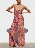 New Printed Lace-Up High-Waisted Suspender Wide-Leg Jumpsuit