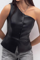 Black New Women'S Single-Breasted Short PU Leather Oblique Shoulder Sexy Off-Shoulder Vest