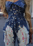 Tight-Waisted Stretch Off-Shoulder Workwear Drip-Dye Denim Jumpsuit