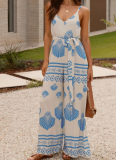 Positioning Print V-Neck Lace-Up Wide-Leg Straight Suspender Jumpsuit