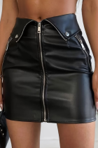 Black Metal Zipper High Waist PU Mini Hip Skirt