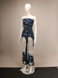 Tight-Waisted Stretch Off-Shoulder Workwear Drip-Dye Denim Jumpsuit