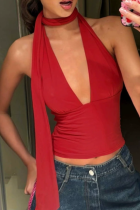 Summer New Solid Color Deep V Tie Sexy Sleeveless Backless Top