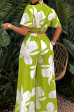 New Arrival Tropical Print Pleated Butterfly Sleeve Top With Lace-Up Wide-Leg Pants Two-Piece Set