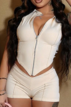 Spring And Summer Zippered Lapel Sleeveless Exposed Navel Top High Waist Tight Shorts Two-Piece Set