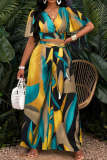 New Arrival Tropical Print Pleated Butterfly Sleeve Top With Lace-Up Wide-Leg Pants Two-Piece Set