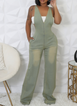 Light Yellow Suspender Slim-Fit Stretch Wide-Leg Denim Jumpsuit