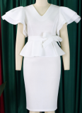 Fashionable And Elegant Ruffled Solid Color Banquet Dress