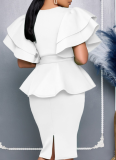 Fashionable And Elegant Ruffled Solid Color Banquet Dress