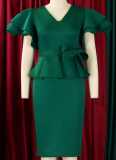Fashionable And Elegant Ruffled Solid Color Banquet Dress