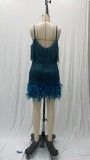 Fashionable Tassel Sequin Sexy V-neck Suspenders Feather Stitching Dress