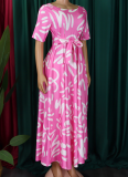 New Fashion Temperament Lace-up Printed Short Sleeve Large Swing Dress