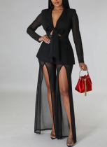Fashionable Sexy Solid Color Waist Tie Small Suit Long Sleeve Slit Two-piece Suit