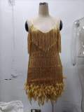 Fashionable Tassel Sequin Sexy V-neck Suspenders Feather Stitching Dress