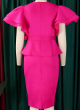 Fashionable And Elegant Ruffled Solid Color Banquet Dress