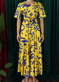 New Fashion Temperament Lace-up Printed Short Sleeve Large Swing Dress