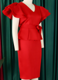 Fashionable And Elegant Ruffled Solid Color Banquet Dress
