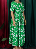 New Fashion Temperament Lace-up Printed Short Sleeve Large Swing Dress